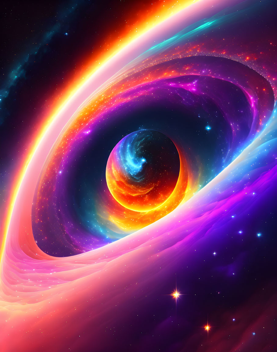 Colorful digital artwork: swirling galaxy, vivid blues & oranges, bright stars