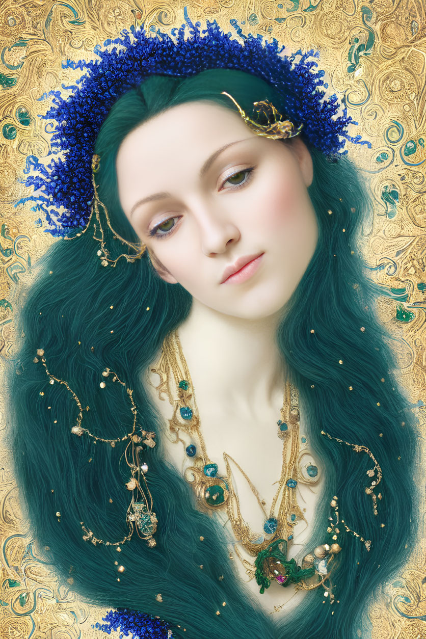 Woman with Long Teal Hair and Blue Flowers in Gold-Patterned Background