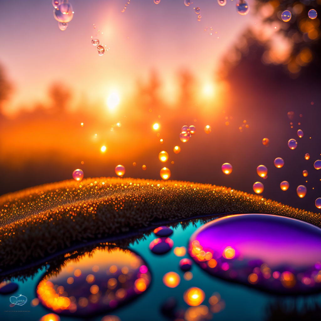 Colorful Bubble-Covered Surface with Shimmering Water Droplets at Sunset