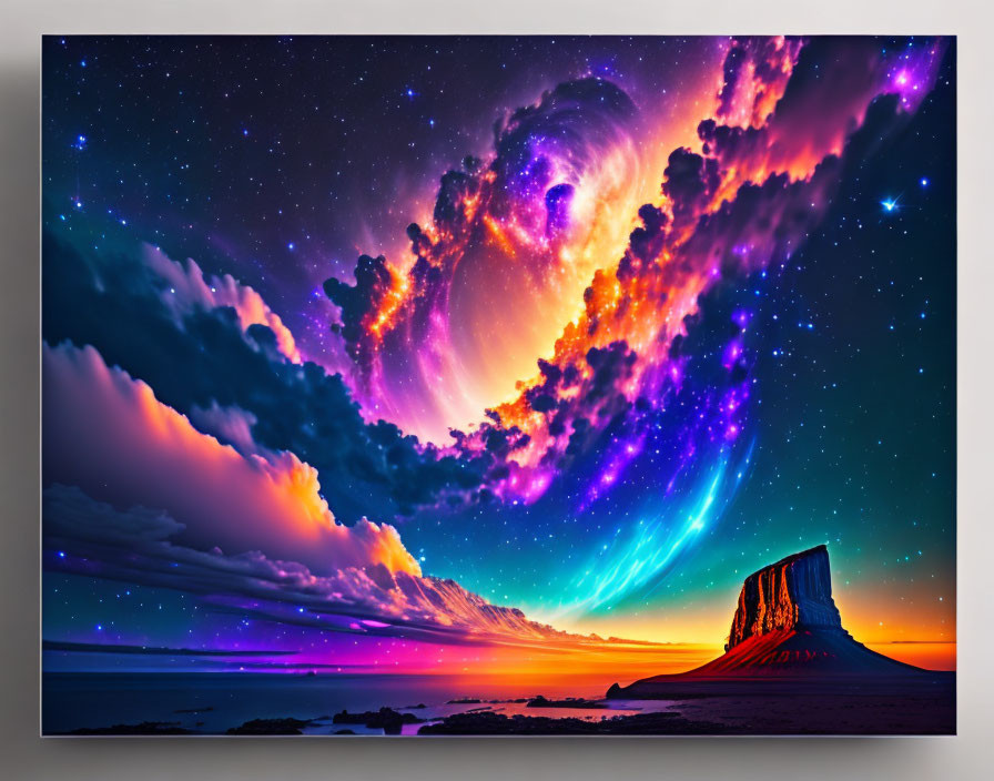 Vibrant twilight digital artwork with cosmic sky and mesa.