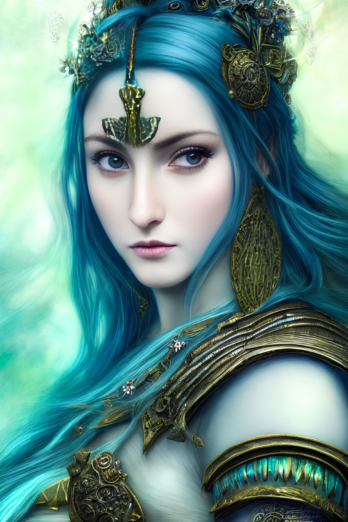 Digital artwork of female figure in blue hair & golden armor on green backdrop