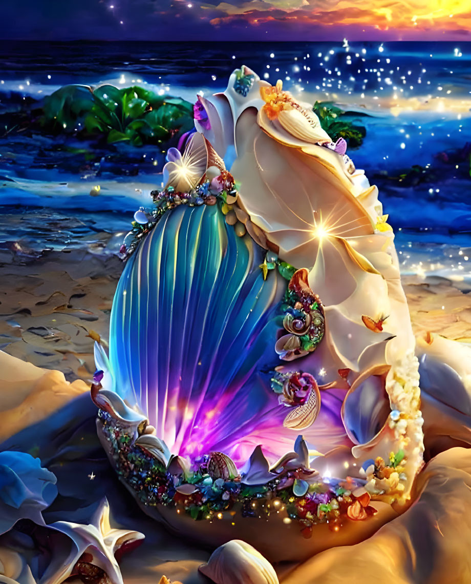 Embellished seashell glowing on beach at sunset with ocean backdrop