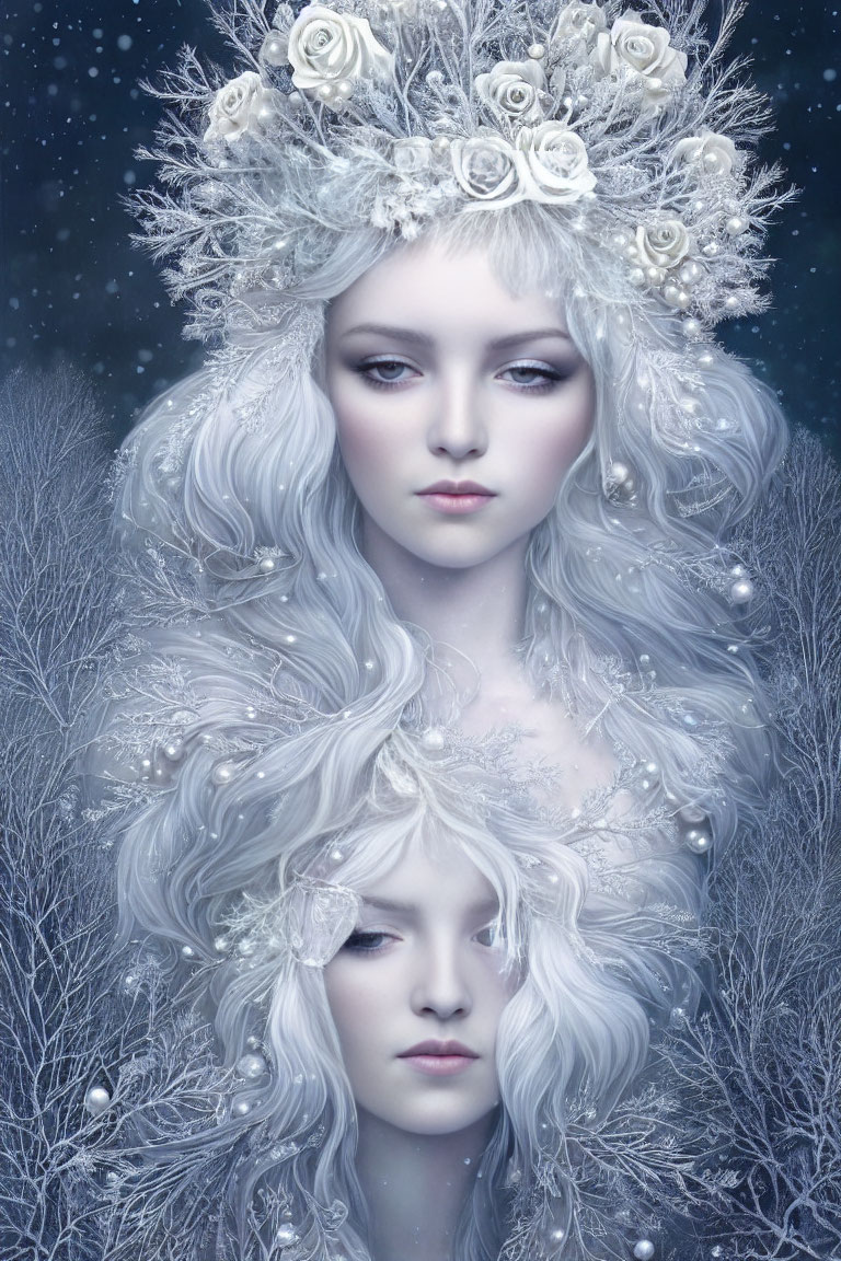 Two pale-skinned women with white hair and floral crowns in a snowy, mystical scene