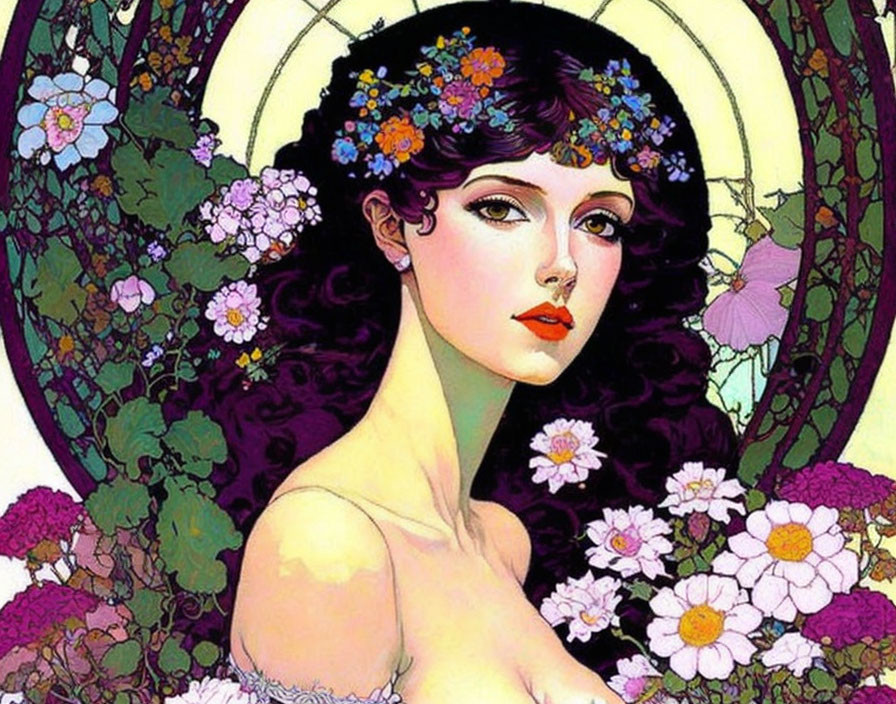 Art Nouveau Woman Illustration with Dark Hair and Floral Adornments