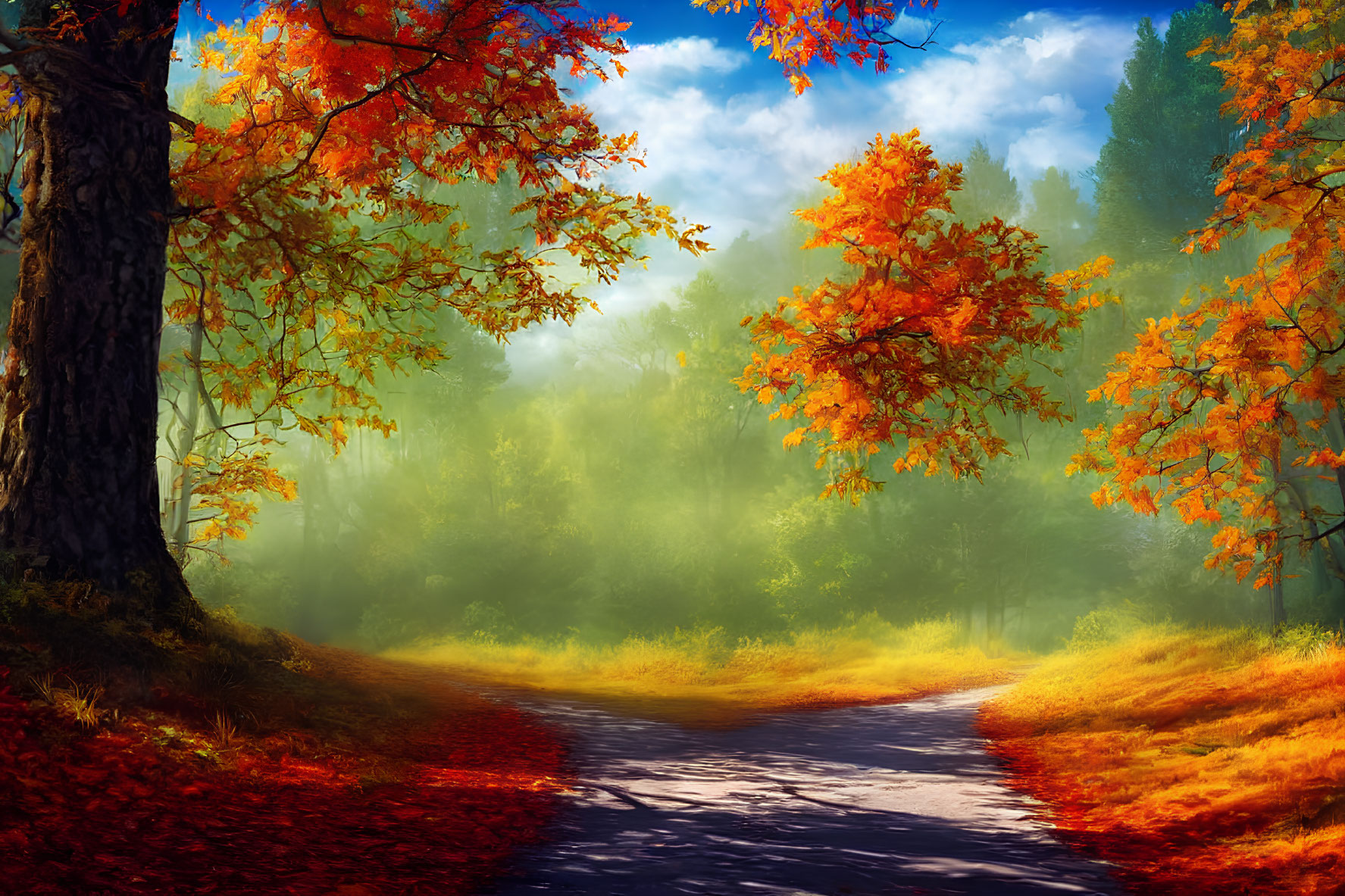 Scenic forest road with vibrant autumn colors and warm light