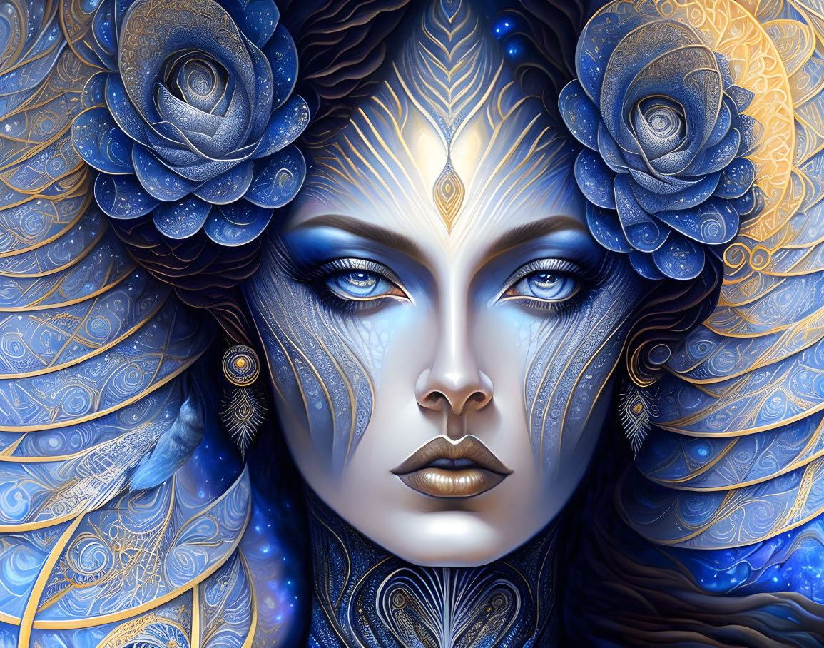 Detailed digital artwork: Woman with blue skin, adorned with gold and blue patterns and stylized roses in