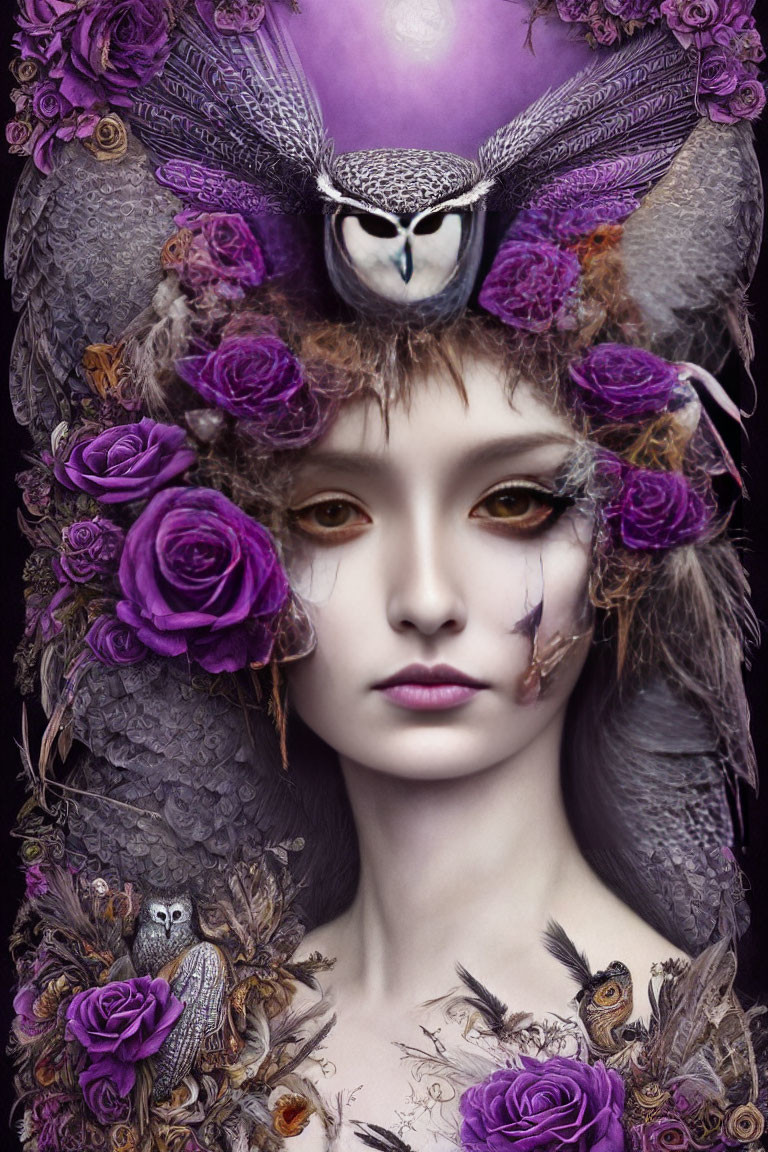 Fantasy portrait of female figure with owl features and roses on purple background