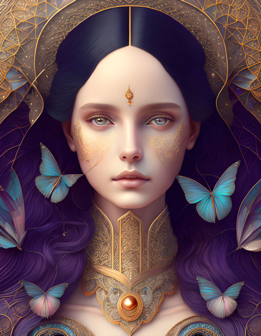 Dark-haired woman with gold facial ornaments in mystical digital artwork