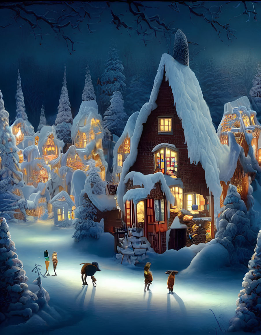 Snow-covered cottages in a charming winter village scene at night