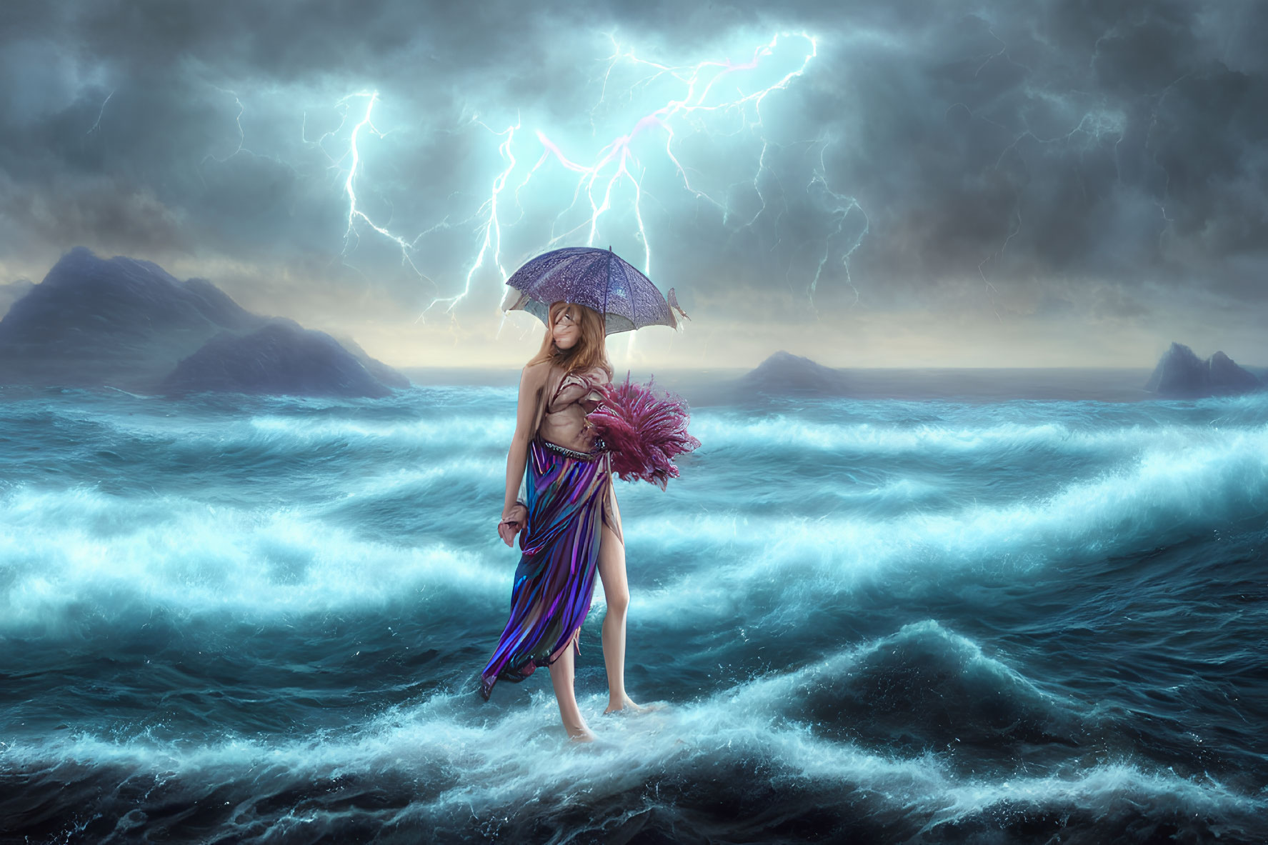 Woman in flowing dress with umbrella in stormy ocean scene