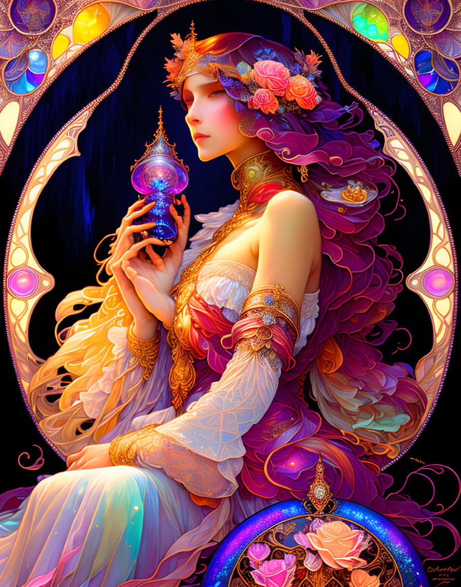 Illustrated woman with flowing hair and flowers holding a luminescent object in ornate Art Nouveau