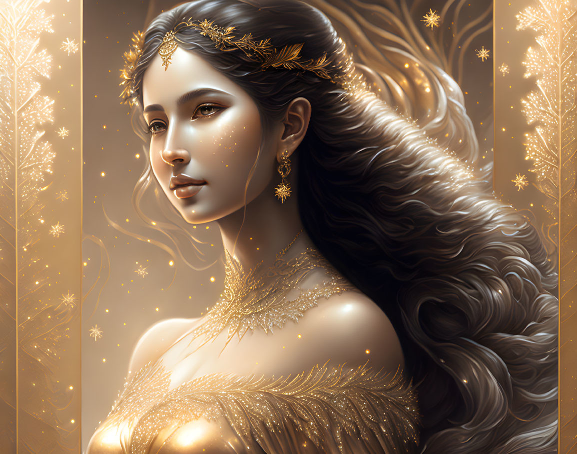 Digital Artwork: Woman with Golden Headpiece and Glowing Patterns