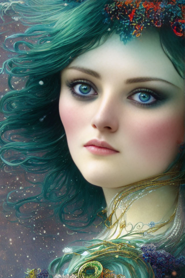 Digital Artwork: Woman with Green Wavy Hair, Purple Eyes, and Gold Jewelry