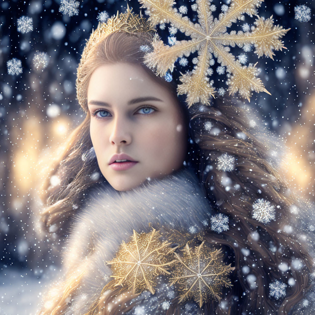 Woman with Blue Eyes and Flowing Hair in Snowfall