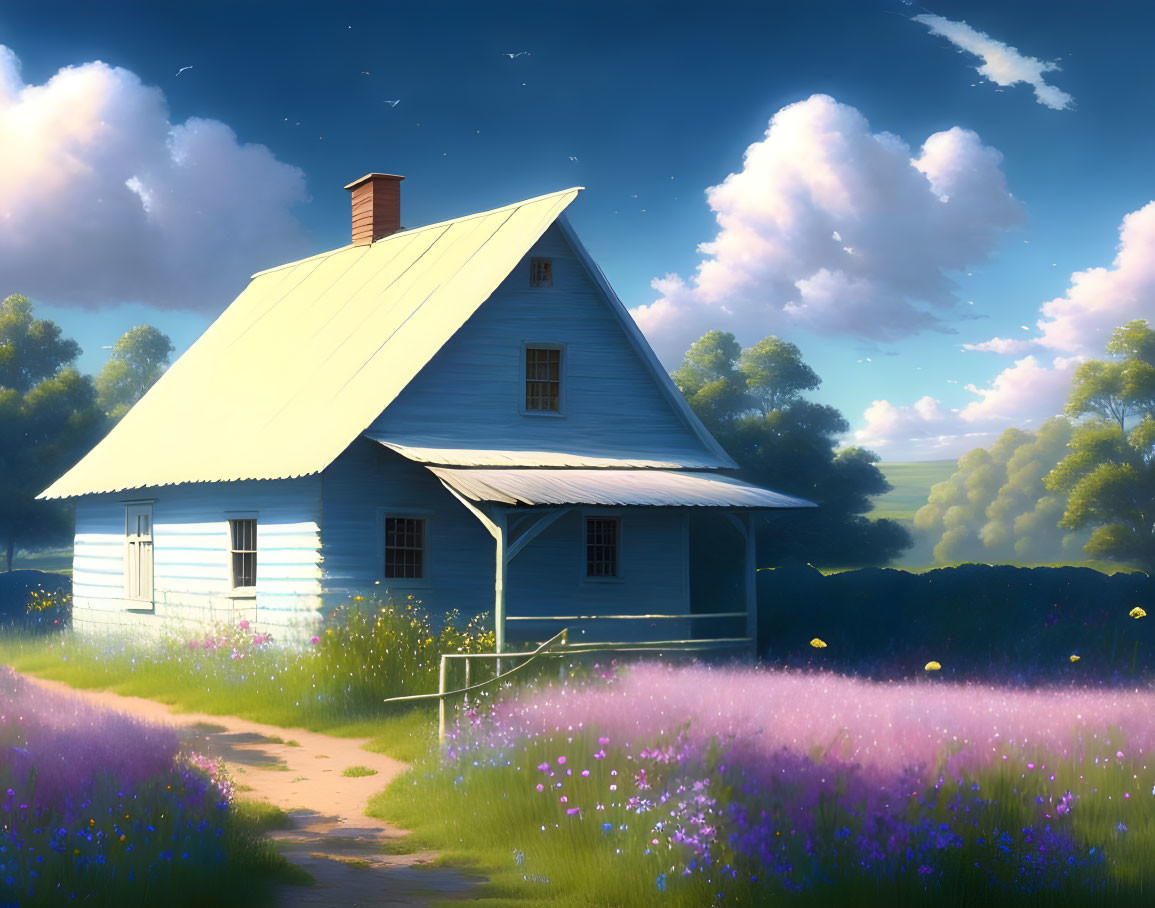 Tranquil Countryside Landscape with Blue House and Wildflowers