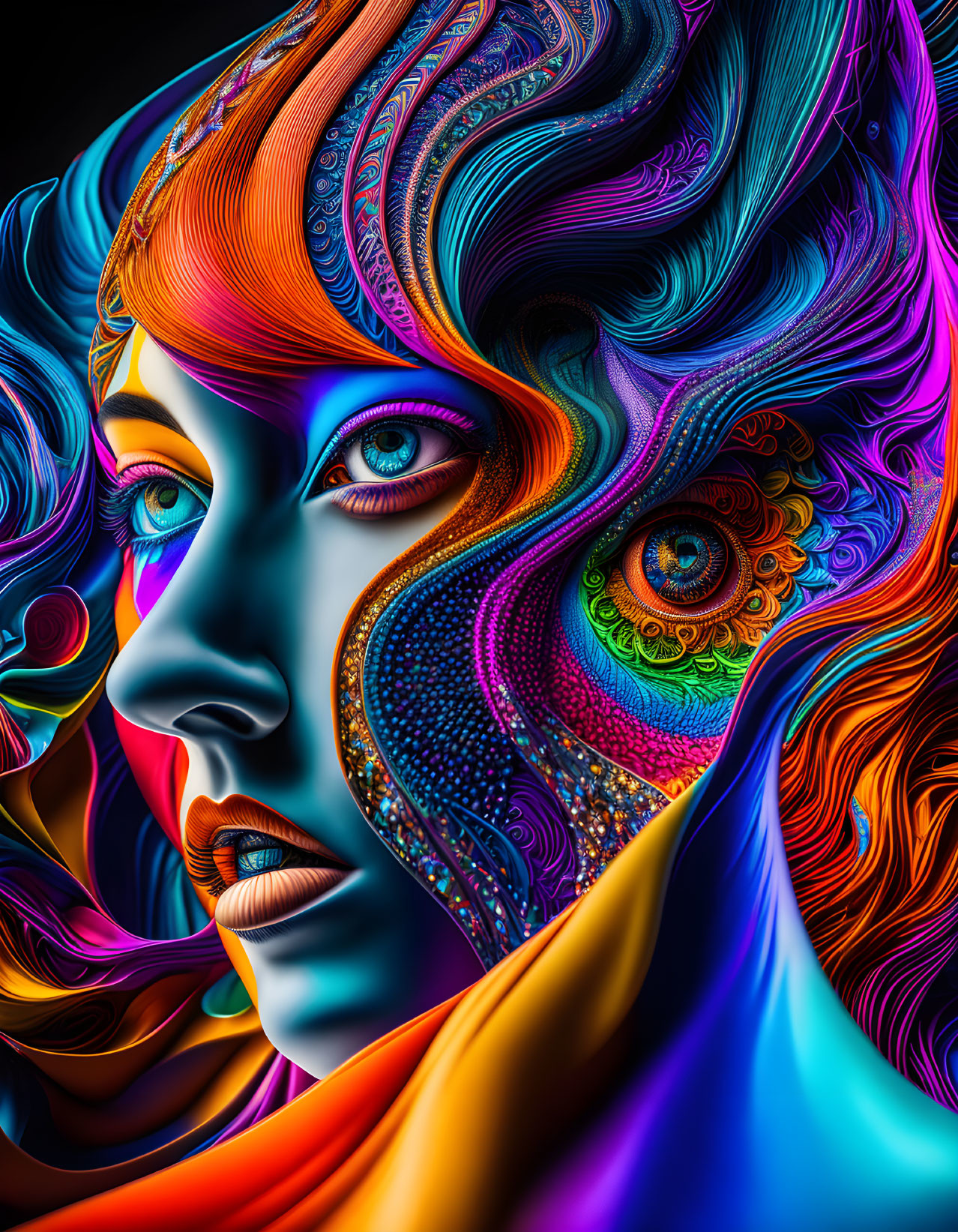 Colorful digital artwork: Woman's face with vibrant feather-like patterns