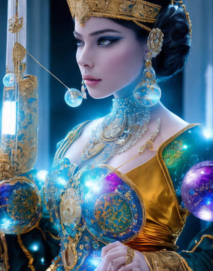 Elaborate Gold and Blue Attire with Glowing Orbs in Regal Setting