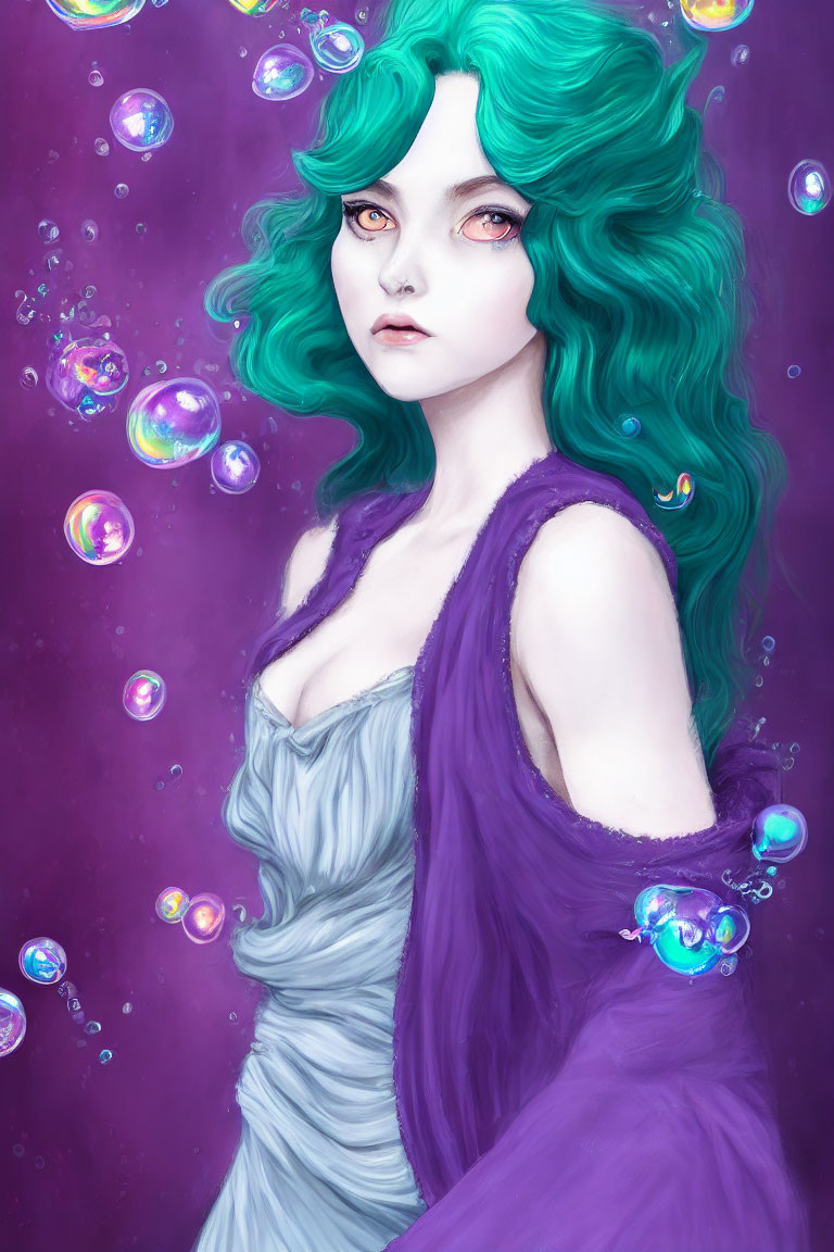 Female Figure with Vibrant Green Hair and Mystical Aura Surrounded by Iridescent Bubbles on