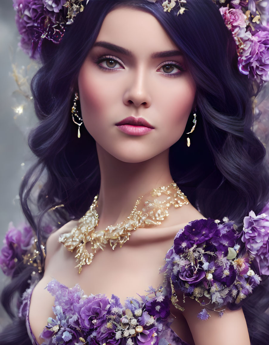 Woman adorned with purple floral hair accessories, deep blue hair, gold jewelry, and captivating makeup.