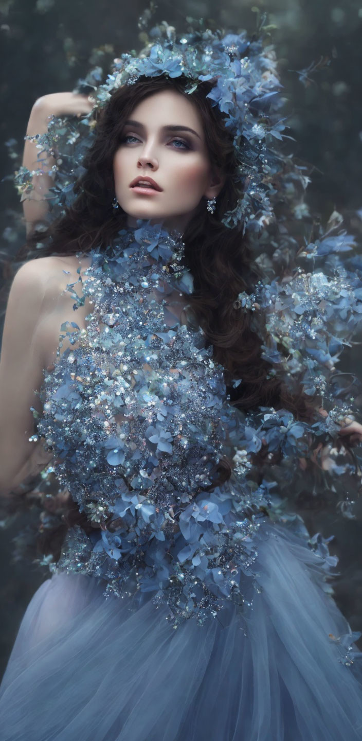 Dark-haired woman in blue floral headpiece and dress posing elegantly outdoors