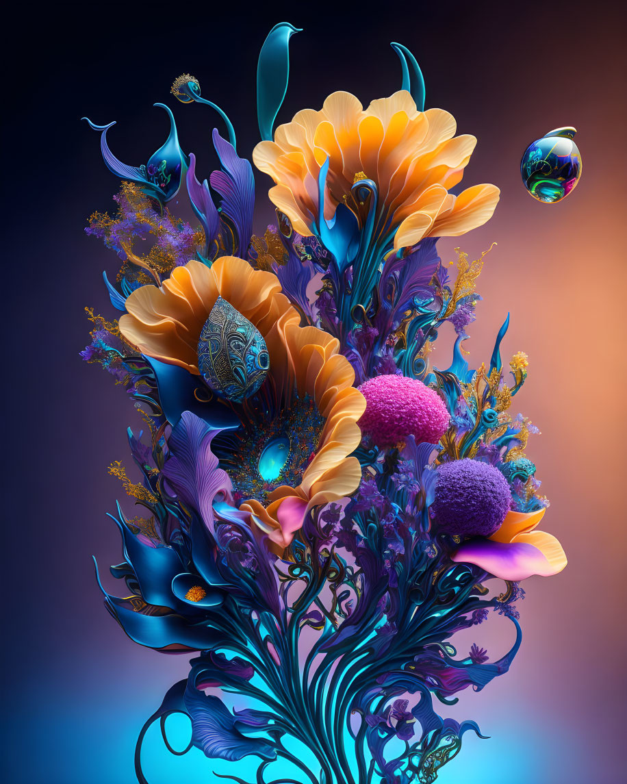 Colorful digital artwork: Vibrant bouquet of iridescent flowers in orange and blue with intricate patterns