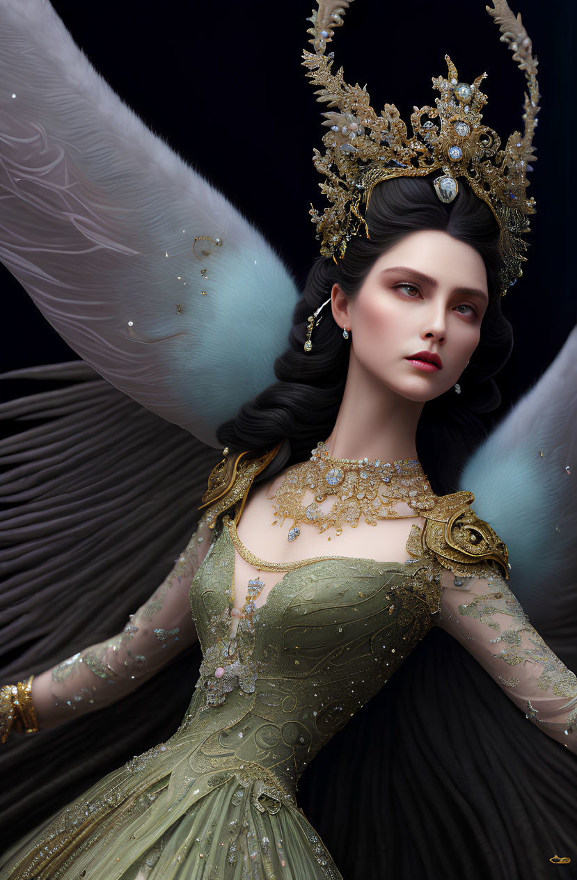 Regal Woman with White Angel Wings and Gold Crown in Green Gown