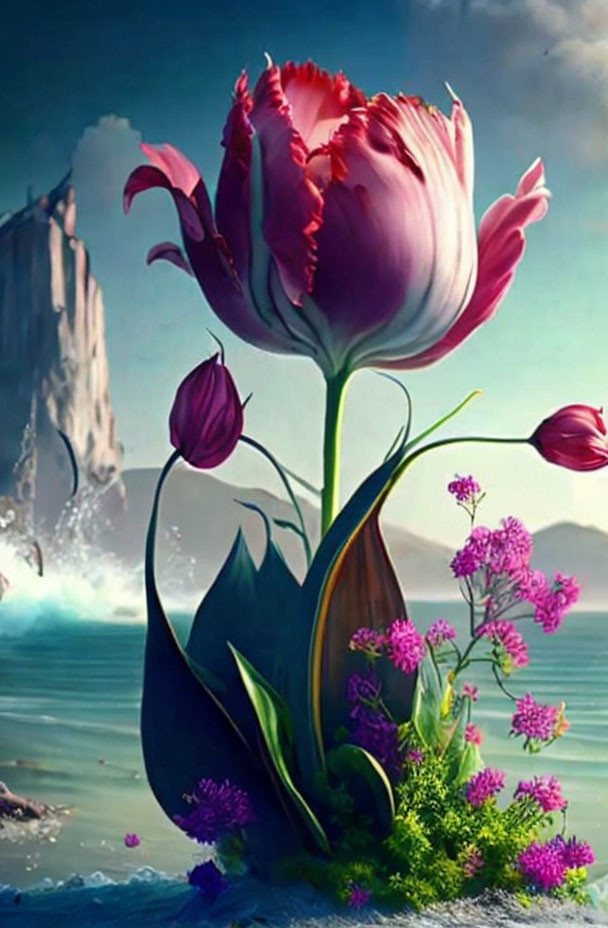 Colorful oversized tulip in surreal digital art with ocean, cliffs, and flowers.