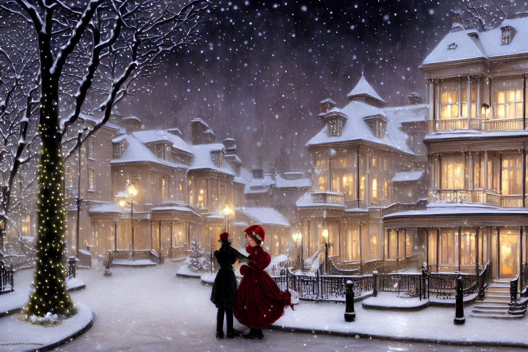 Victorian couple dancing on snow-covered street at night