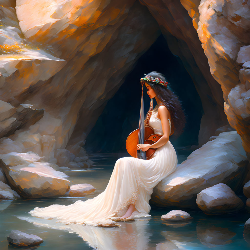 Woman in white dress with floral crown plays lute in sunlit cave