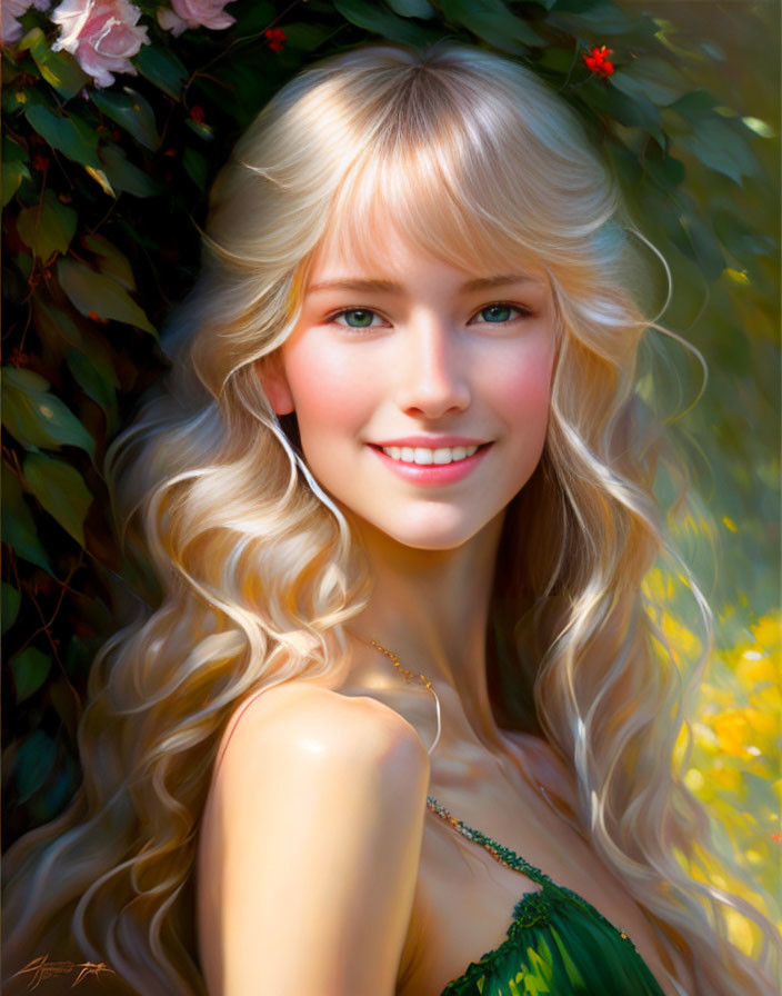 Smiling woman with long blonde hair in sunlit foliage portrait