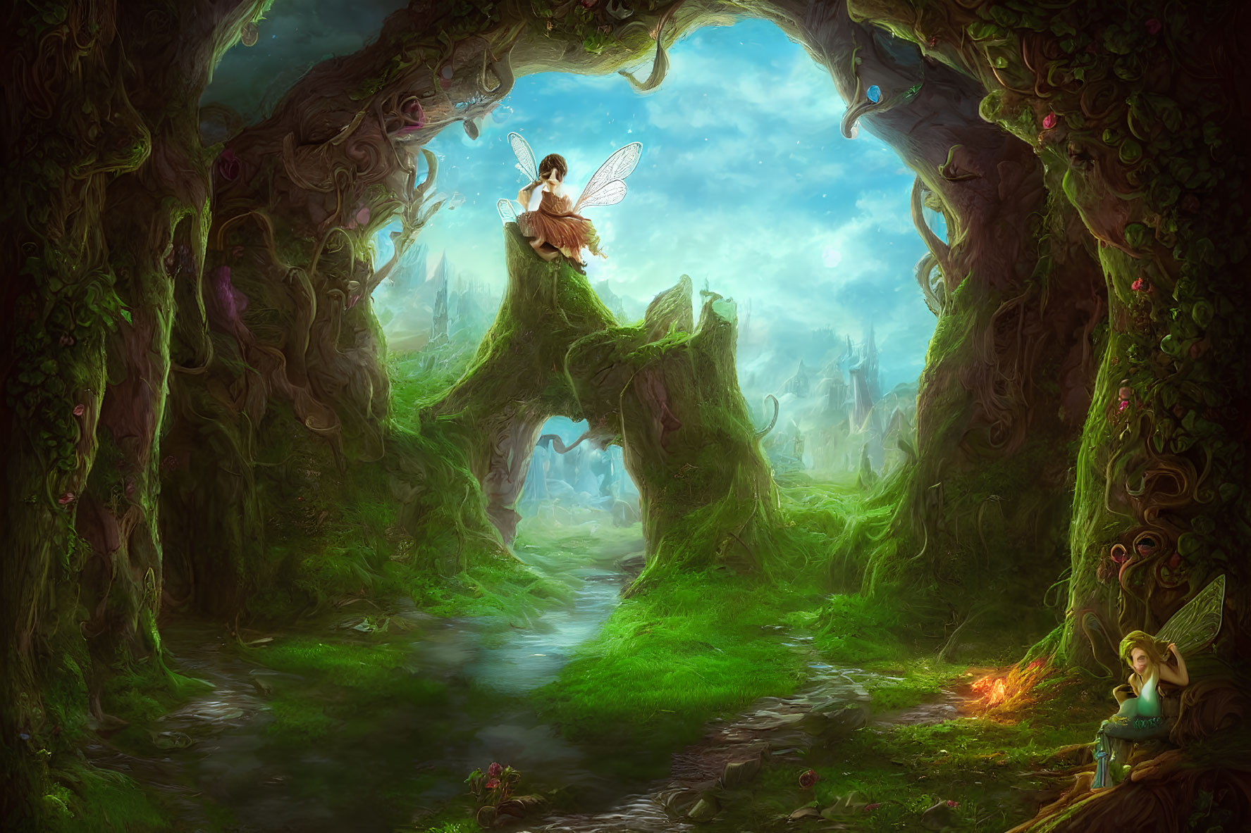 Enchanting forest scene with fairies, swing, stream, ancient trees