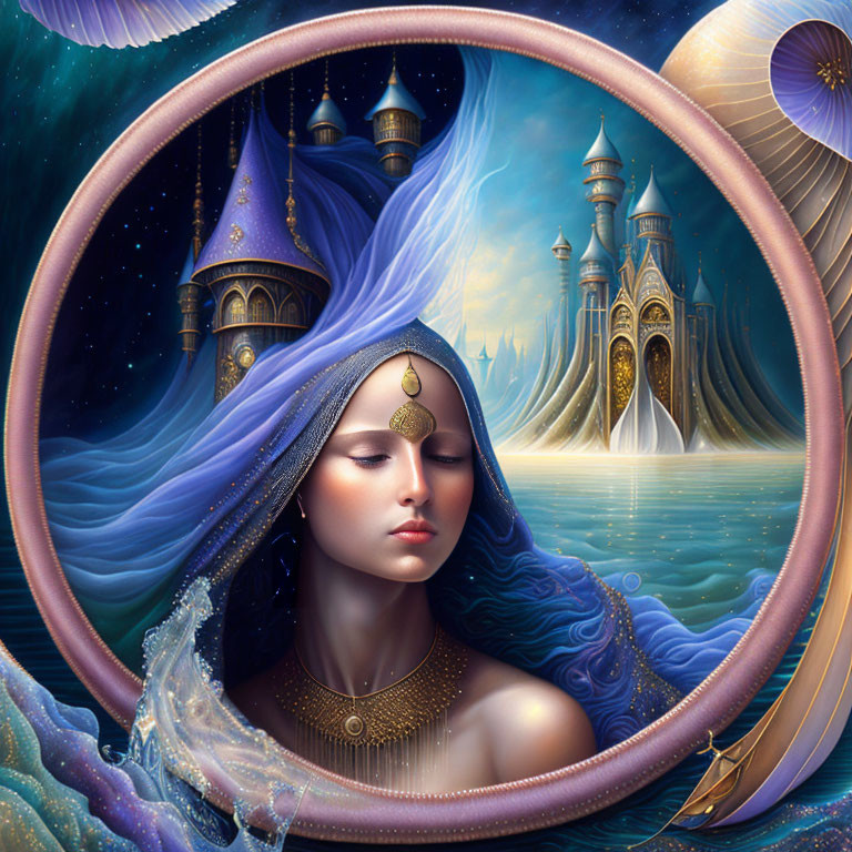 Fantasy artwork: Woman with blue hair, gold jewelry, ethereal castles in circular frame