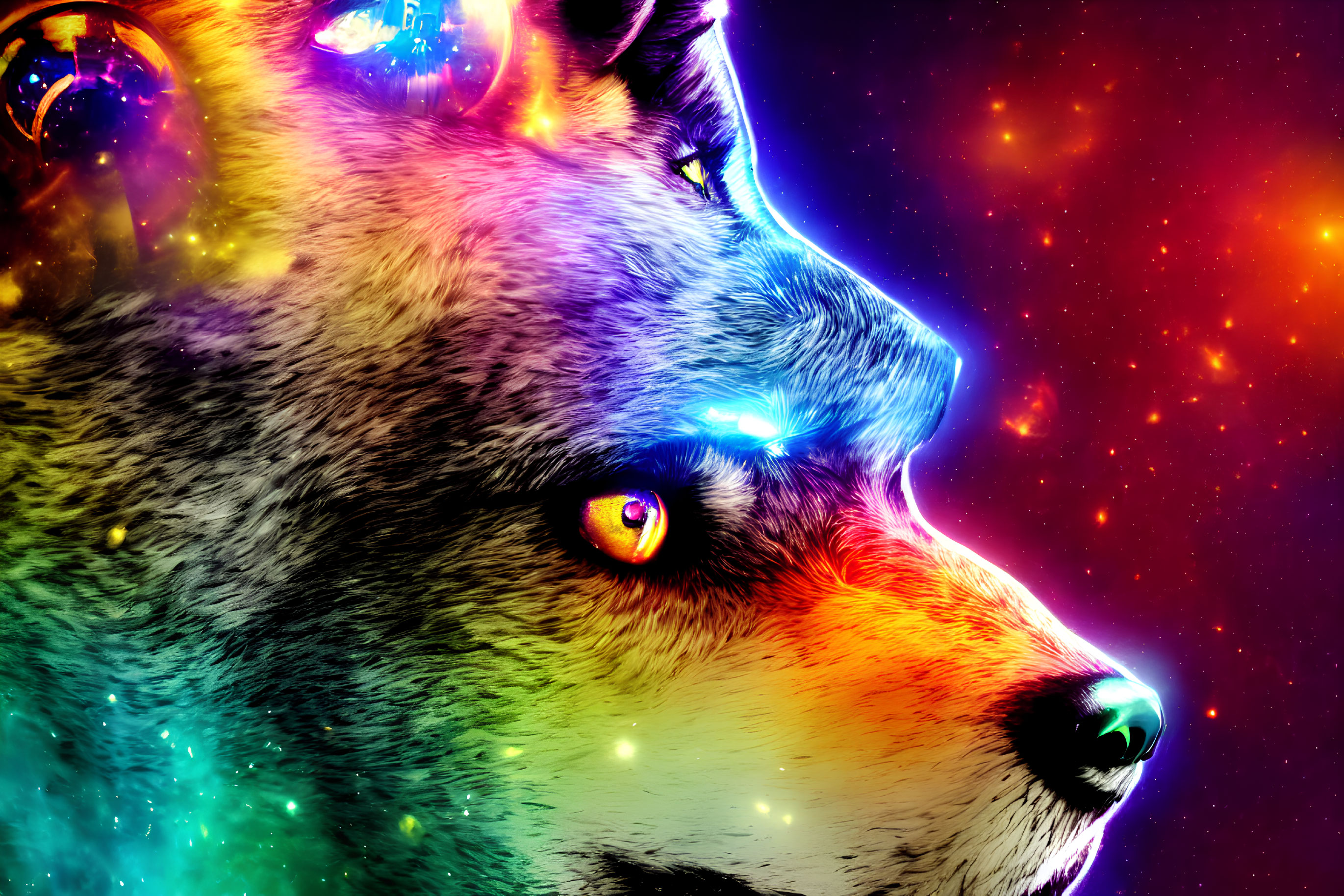 Colorful wolf with cosmic elements in vibrant digital art