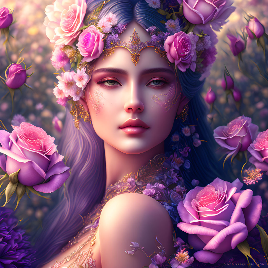 Woman with Purple Hair and Floral Jewelry in Blossoming Scene