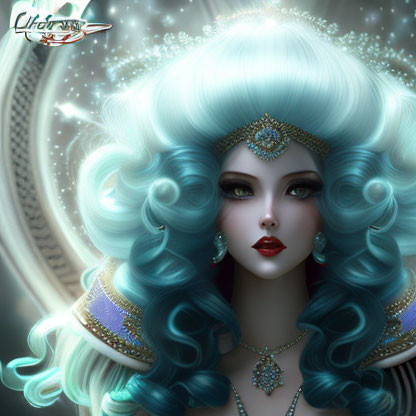 Illustration of woman with aqua hair, gold accessories, red lips.