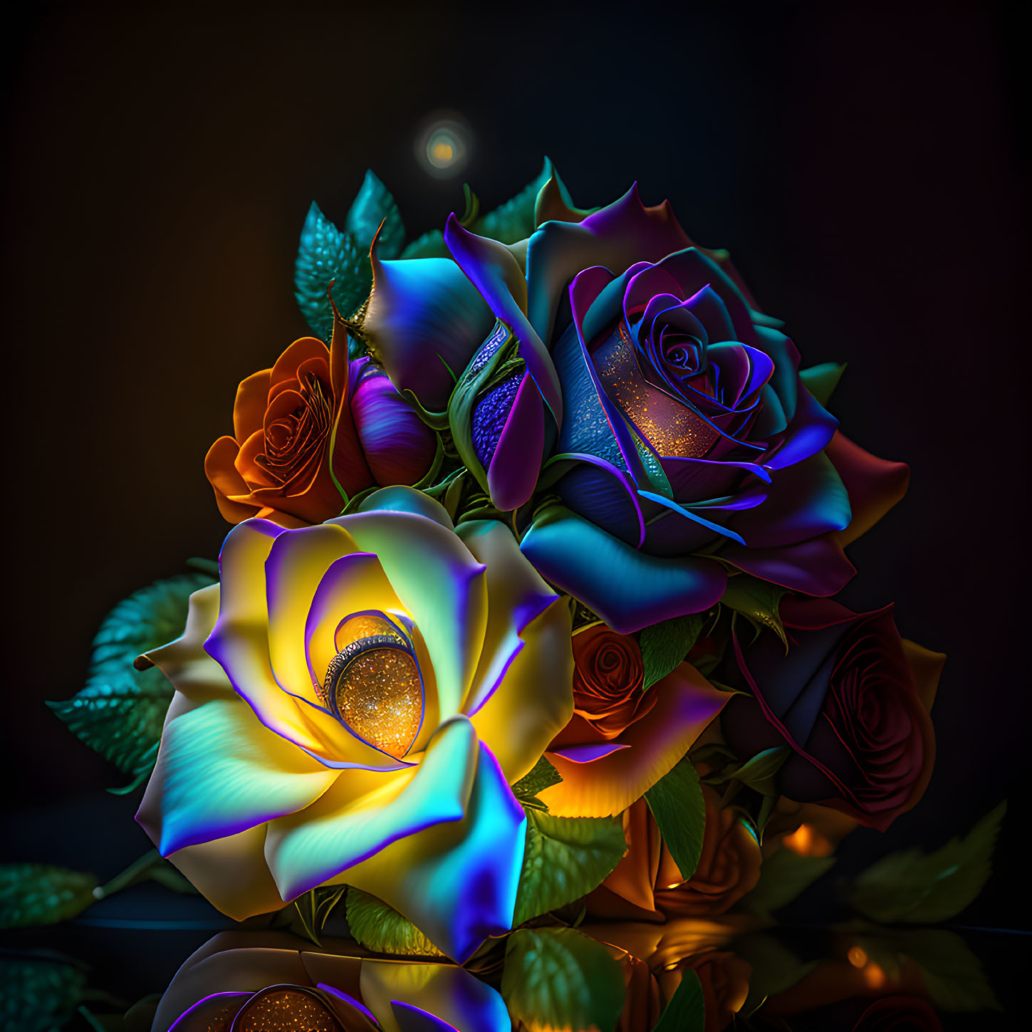 Vibrant Neon Roses Bouquet on Dark Background