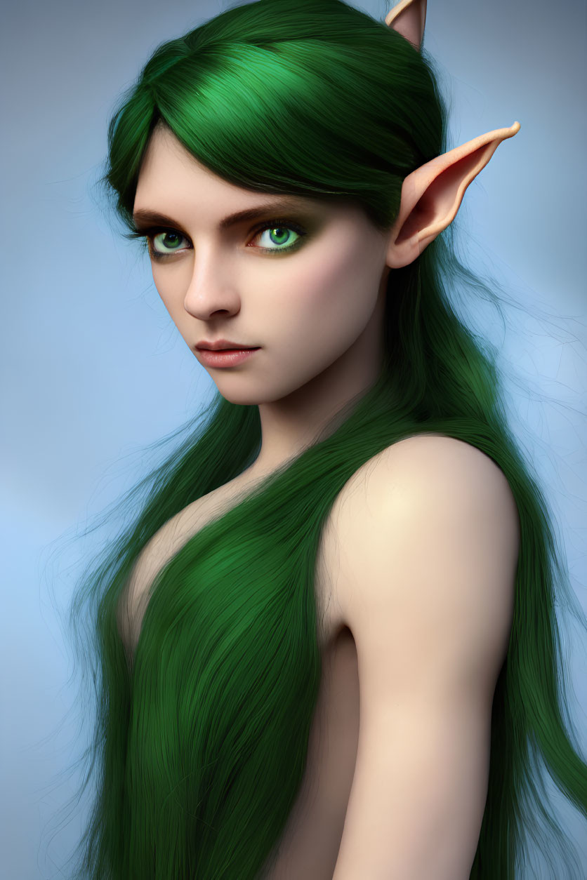 Fantasy portrait of individual with green hair, pointed ears, and green eyes on blue background