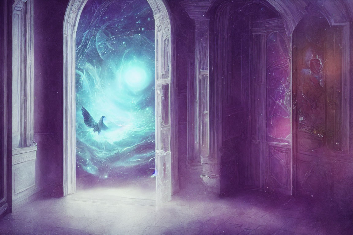 Mystical crow flying towards swirling vortex in grand doorway