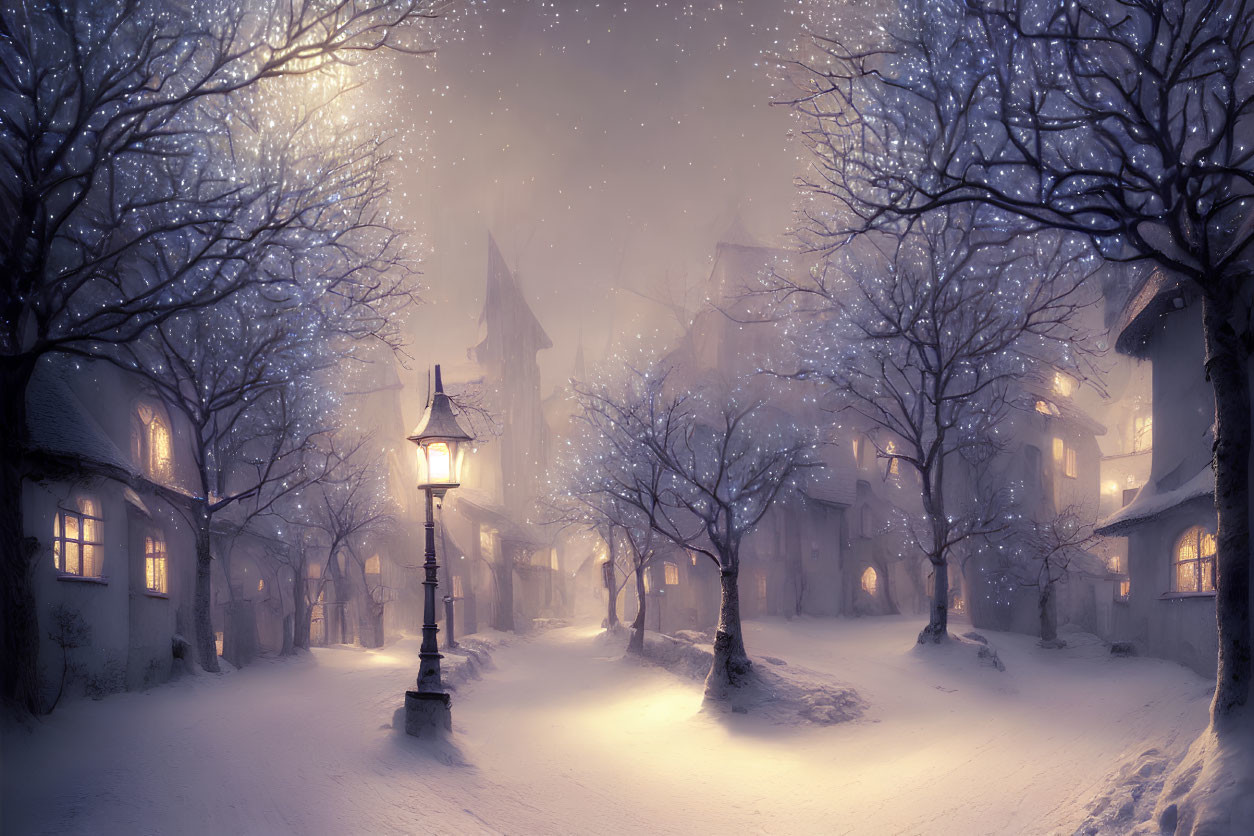 Snow-covered street at dusk with glowing street lamps, bare trees, and quaint houses in serene winter scene