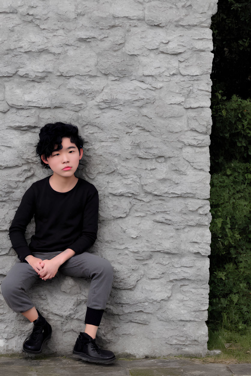 Young person with black hair sitting against textured wall in black top and grey trousers