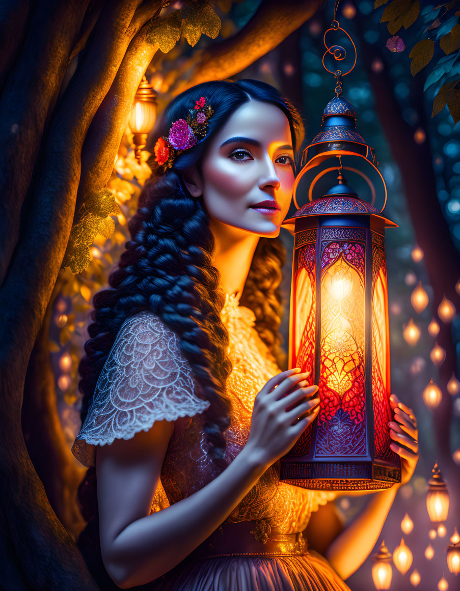 Braided hairstyle woman with lantern in fantasy woodland