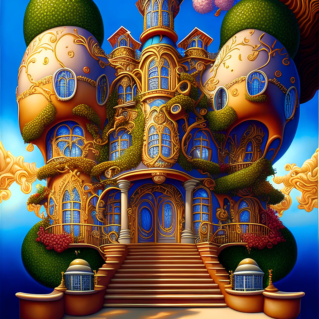 Golden treehouse with bulbous structures & ornate staircases in vivid sky