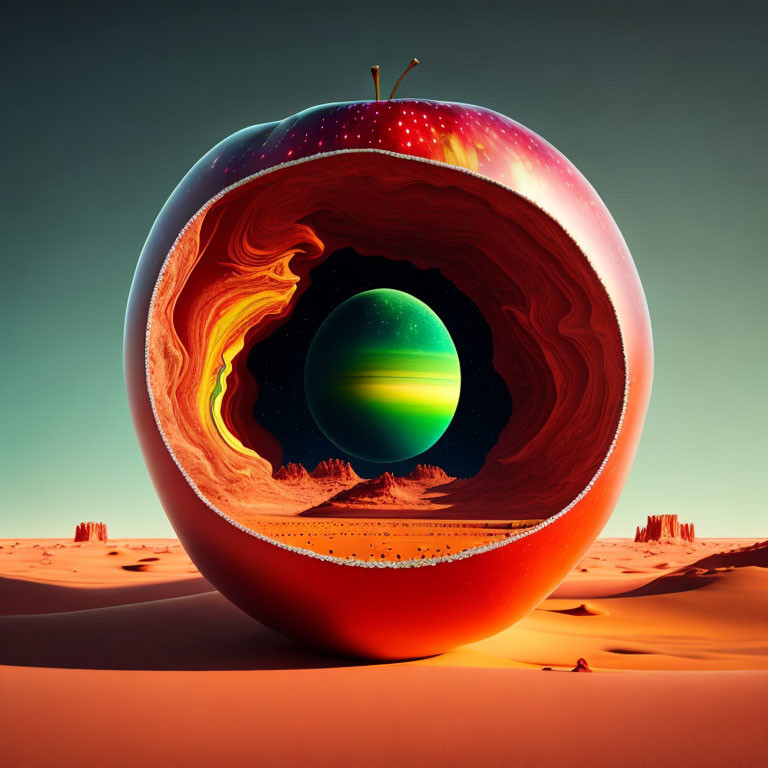 Surreal image of apple with hollowed core revealing fantastical landscape