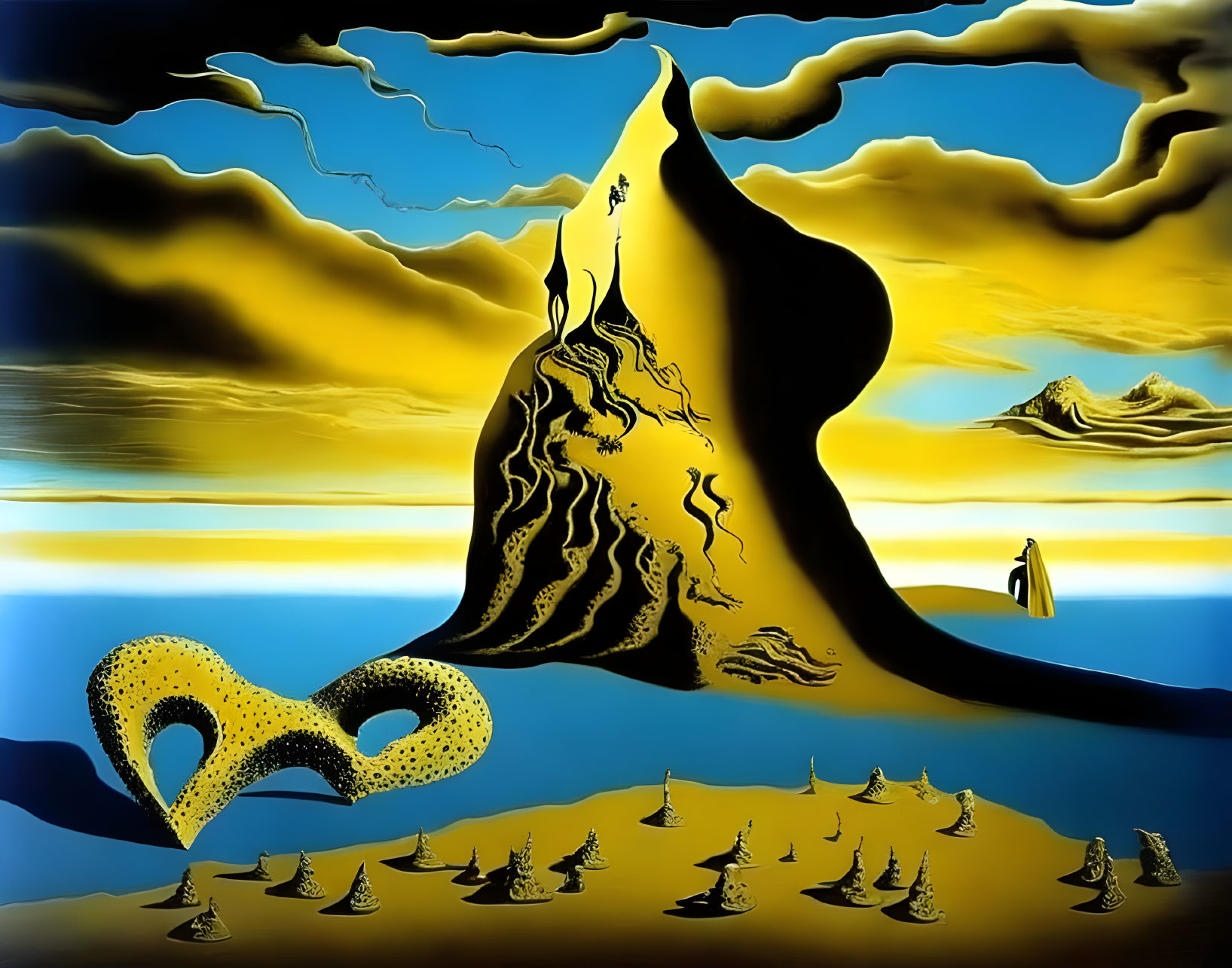 Surreal landscape with melting clocks, distorted figure, floating mask, tree-filled desert, yellow sky