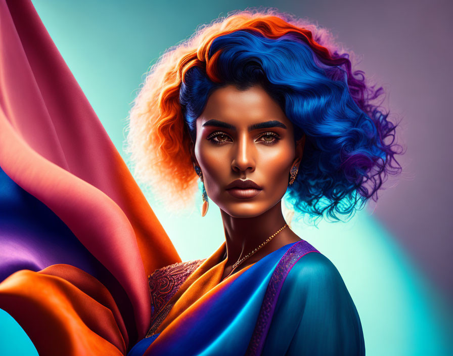 Colorful digital artwork: Woman with blue and orange hair in matching sari