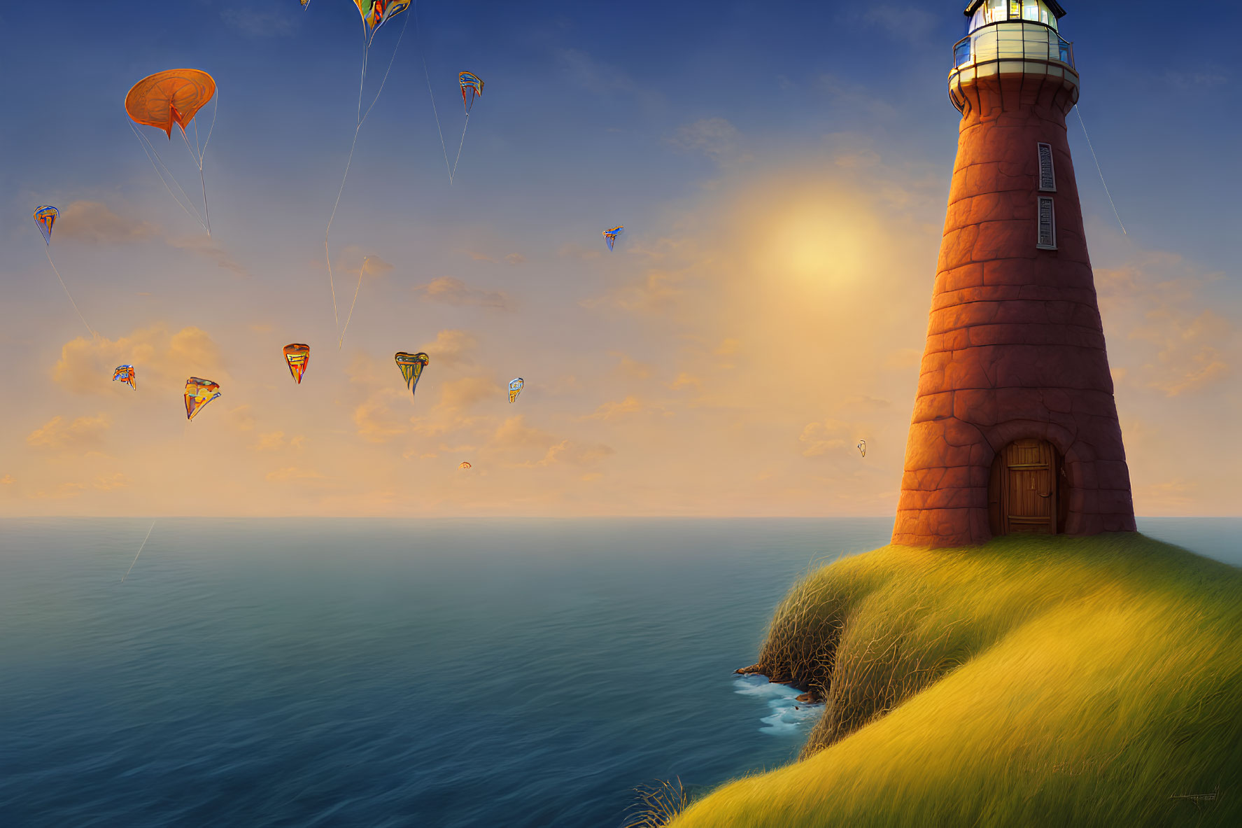 Tranquil sunset landscape with red lighthouse, hot air balloons, and calm sea