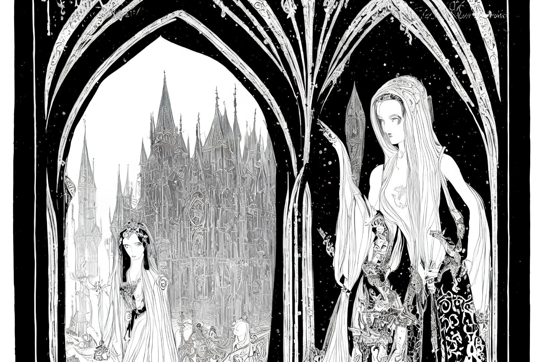 Detailed Black and White Illustration of Ethereal Figures and Gothic Castle