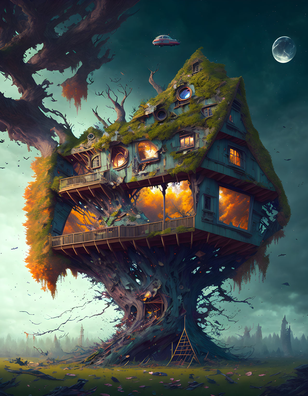 Large Treehouse Artwork with Glowing Windows in Twilight Setting