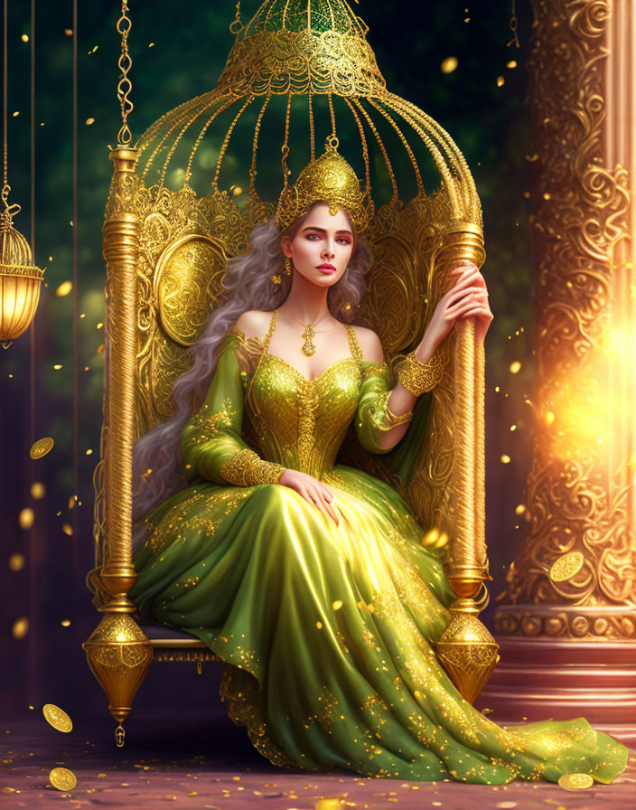 Woman in ornate gold-and-green dress on gilded birdcage throne in magical scene with floating