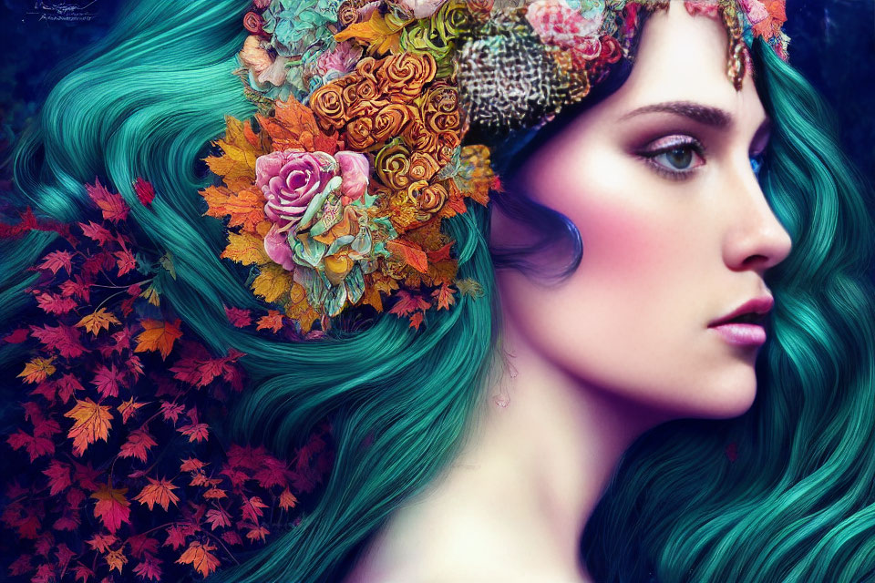 Vibrant Turquoise Hair Woman Portrait with Autumn Foliage Background